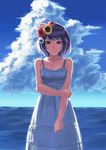  bad_id bad_pixiv_id black_hair blue_eyes cloud day dress flower hair_flower hair_ornament highres michitarou monogatari_(series) nisemonogatari senjougahara_hitagi short_hair 