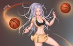  alternate_costume alternate_hairstyle bad_id bad_pixiv_id basketball black_bra bra breasts cleavage cowboy_shot eliskalti floating floating_hair front-tie_top glowing grey_background hair_up highres league_of_legends lips long_hair looking_at_viewer medium_breasts messy_hair midriff miniskirt navel open_clothes open_shirt pleated_skirt ponytail purple_eyes shirt short_sleeves signature silver_hair simple_background skirt solo sports_bra sportswear standing syndra telekinesis tied_shirt underwear very_long_hair wide_hips wing_collar 
