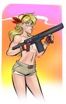  assault_rifle bandaid blonde_hair blue_eyes breasts convenient_censoring dragon_ball dragon_ball_(classic) fingerless_gloves gloves gun hairband long_hair lunch_(dragon_ball) medium_breasts mouth_hold navel psuede rifle shorts smoke smoking_gun solo straw_(stalk) tan tanline topless weapon 