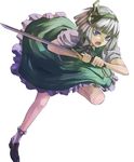  bad_id bad_pixiv_id blue_eyes bobby_socks bow eredhen frilled_skirt frills full_body hair_bow konpaku_youmu neck_ribbon open_mouth ribbon running shoes short_hair short_sleeves silver_hair simple_background skirt skirt_set socks solo sword touhou vest weapon white_background 