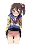  bow bow_panties brown_hair h@ll hair_ornament hairclip idolmaster idolmaster_million_live! kasuga_mirai panties pink_panties ribbon school_uniform scrunchie serafuku side_ponytail skirt skirt_lift solo underwear 