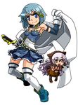  amazing-c armband belt blue_eyes blue_hair brown_eyes cape capelet fingerless_gloves gloves hair_ornament hairclip hat long_hair magical_girl mahou_shoujo_madoka_magica mahou_shoujo_madoka_magica_movie midriff miki_sayaka minigirl momoe_nagisa multiple_girls navel pantyhose polka_dot polka_dot_legwear short_hair simple_background smile soul_gem sword thighhighs weapon white_background white_hair zettai_ryouiki 