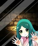  against_fourth_wall against_glass amaterasu_(p&amp;d) aqua_hair fourth_wall glass green_eyes japanese_clothes kimono long_hair long_sleeves looking_at_viewer phone_wallpaper pikomarie puzzle_&amp;_dragons reflection smile solo stone stone_wall wall wallpaper 