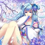 bad_id bad_pixiv_id bangs bare_shoulders beads blue_eyes blue_hair blunt_bangs breasts chest_tattoo cleavage colored_eyelashes covering_mouth double_bun eyeliner eyeshadow feathers flipped_hair floral_print frills gradient hair_feathers hair_intakes hair_ornament hand_over_own_mouth ice japanese_clothes leg_tattoo legs long_hair long_sleeves looking_at_viewer makeup mamo_(fortune-mm) medium_breasts midriff off_shoulder original outline revision see-through sitting sleeves_past_wrists snowflake_hair_ornament solo tattoo transparent tree wide_sleeves yuki_onna 