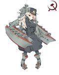  anchor_symbol ankle_strap belt blonde_hair bonkiru boots breasts commentary_request hammer_and_sickle hand_on_own_chest hat high_heel_boots high_heels highres kantai_collection knee_boots long_coat long_hair mecha_musume medium_breasts military_hat original pantyhose red_eyes rudder_shoes russia slava-class_cruiser solo soviet 