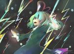  artist_name attack black_ribbon blonde_hair dated dress electricity from_side green_dress green_eyes hat hat_ribbon ichiba_youichi light_particles long_sleeves open_mouth ribbon short_hair soga_no_tojiko solo tate_eboshi text_focus touhou 