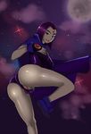  ass bad_id bad_pixiv_id breasts cloak covered_nipples dc_comics fingering grey_skin leotard looking_back masturbation moon night nikuyoku_(benji-buttn) purple_eyes pussy raven_(dc) small_breasts smile solo spread_pussy spread_pussy_under_clothes star teen_titans 