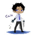  :&gt; black_hair blue_eyes character_name chibi facial_mark male_focus mechanical_arm necktie prosthesis prosthetic_arm puyora scp-073 scp_foundation smile solo standing 
