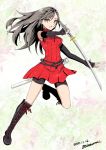  1girl 2018 bike_shorts black_gloves black_shorts boots dated dress elbow_gloves fingerless_gloves floating_hair full_body gloves grey_eyes grey_hair highres holding holding_sword holding_weapon katana knee_boots leg_up long_hair mitsuru_(habihapi) open_mouth original red_dress short_dress short_shorts shorts shorts_under_dress signature sleeveless sleeveless_dress solo sword very_long_hair weapon 