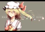  ascot blonde_hair bow crying flandre_scarlet frown hat hat_bow highres koga_rejini letterboxed no_wings red_eyes side_ponytail simple_background solo tears text_focus touhou 