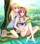  barefoot bikini blonde_hair blue_eyes breasts brown_hair casual cleavage day front-tie_top green_eyes highres long_hair looking_at_viewer medium_breasts mu_ying_rong multiple_girls navel original short_hair side-tie_bikini side_ponytail sitting smile soaking_feet striped striped_bikini suikakitsu_shiro swimsuit water xia_you_qing 