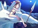  aqua_eyes bare_arms brown_hair earrings facial_mark full_moon headgear holding jewelry looking_at_viewer mononoke_hime moon moro_no_kimi necklace night night_sky polearm san short_hair sky smile spear star_(sky) starry_sky weapon wolf zoff_(daria) 