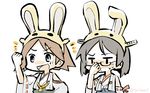  :d alternate_headwear animal_ears animal_hat bare_shoulders bunny_ears bunny_hat detached_sleeves glasses hand_on_eyewear hat hiei_(kantai_collection) japanese_clothes kantai_collection kirishima_(kantai_collection) konno_akikaze multiple_girls nontraditional_miko open_mouth raised_fist short_hair smile v-shaped_eyebrows white_background 