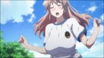  animated animated_gif blush bouncing_breasts breasts brown_hair clothes eyes_closed huge_breasts koumi_haruka long_hair open_mouth rail_wars! running sky sport sport_uniform 