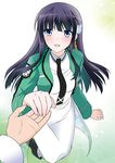  black_hair black_neckwear blue_eyes blush hair_ornament hisa_(yotsuba_ink) long_hair looking_at_viewer mahouka_koukou_no_rettousei necktie open_mouth school_uniform shiba_miyuki snowflake_hair_ornament solo_focus 