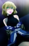 1girl assertive bare_shoulders blonde_hair blush condom condom_in_mouth condom_wrapper cowgirl_position crop_top dutch_angle green_eyes highres mizuhashi_parsee mouth_hold neko_zukin off_shoulder pointy_ears pov sash short_hair solo_focus straddling touhou wavy_hair 