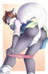  anthro anus backsack balls blush brown_hair butt canine claws crossdressing fur fuzzwolf girly grey_fur hair looking_at_viewer looking_back low-angle_shot male mammal mirotic panties perineum presenting presenting_hindquarters raised_tail skirt smile solo standing underwear wolf 