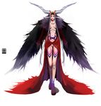  breasts cleavage dress female final_fantasy final_fantasy_viii full_body fur_collar gloves grey_hair horns long_dress long_hair makeup midriff navel plusnine red_dress silver_hair solo ultimecia very_long_hair white_background 