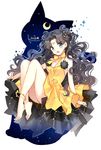 anklet bare_legs barefoot bishoujo_senshi_sailor_moon black_hair blue_eyes blush bow breasts cleavage crescent crescent_moon double_bun dress earrings jewelry long_hair looking_at_viewer luna_(sailor_moon) luna_(sailor_moon)_(human) medium_breasts moon nardack personification sketch smile yellow_bow 
