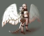  albino armor belt chubby clothed clothing coatl_dragon dragon dragon_tail ear_piercing feathers female flight_rising grey_background hair human hybrid light_skin makeup mammal mutisija navel piercing plain_background pointy_ears red_eyes short_hair solo standing white_feathers white_hair wings 