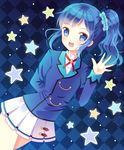  :d aikatsu! aikatsu!_(series) blue_eyes blue_hair checkered checkered_background dutch_angle hair_ornament hazakura_satsuki kiriya_aoi open_mouth pleated_skirt school_uniform side_ponytail skirt smile solo star starlight_academy_uniform waving 