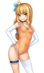  ahoge blonde_hair casual_one-piece_swimsuit choker contrapposto elbow_gloves frilled_swimsuit frills gloves grin hands_on_hips katagiri_(a1466502) leg_garter long_hair one-piece_swimsuit orange_eyes original single_thighhigh smile solo standing swimsuit thighhighs 