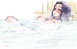  blush breasts floating_breasts kantai_collection looking_at_viewer medium_breasts nipples nude onsen partially_submerged purple_eyes purple_hair ryou_(shirotsumesou) short_hair sketch solo tatsuta_(kantai_collection) 