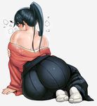  ass bare_shoulders black_hair blush highres houshou_(kantai_collection) huge_ass japanese_clothes kantai_collection long_hair looking_back off_shoulder ponytail smile solo synecdoche undressing wide_hips 