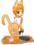  anthro blush butt cat clothed clothing console controller cup feline female hair kaitou kneeling looking_back mammal orange_hair peeing solo underwear urine watersports 