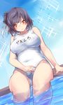  alternate_costume bare_shoulders black_hair breasts day hair_ornament highres kantai_collection large_breasts one-piece_swimsuit pool school_swimsuit short_hair solo swimsuit water white_school_swimsuit white_swimsuit yamashiro_(kantai_collection) yellow_eyes yuky_(cassis_powder) 