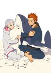  barefoot bear blue_eyes blush dethmath free! hood hoodie male_focus mikoshiba_seijuurou mole mole_under_eye multiple_boys nitori_aiichirou open_mouth orange_hair polar_bear red_hair seal silver_hair smile whale yellow_eyes 