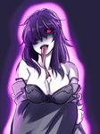  aura bare_shoulders bra breasts cleavage detached_sleeves forked_tongue glowing glowing_eye hair_over_one_eye highres large_breasts long_hair long_tongue naughty_face original pink_eyes purple_hair sacchan_(samuimu) saliva samuimu solo strap_slip tongue underwear wide_sleeves 