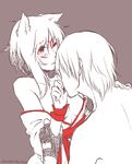  1boy 1girl amaterasu animal_ears breasts capcom cleavage dante dante_(devil_may_cry) devil_may_cry kiss marvel marvel_vs._capcom marvel_vs._capcom_3 ookami_(game) personification shirtless white_hair 