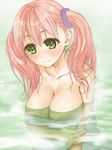  areola_slip areolae atelier_(series) atelier_escha_&amp;_logy blush breasts cleavage collarbone escha_malier green_eyes large_areolae large_breasts naked_towel partially_submerged pink_hair sauna smile solo takanashi towel twintails wet 