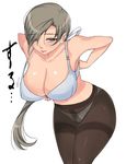  bad_id bad_pixiv_id bra breasts brown_eyes brown_hair chitose_(kantai_collection) cleavage kantai_collection komusou_(jinrikisha) large_breasts leaning_forward long_hair navel panties panties_under_pantyhose pantyhose ponytail simple_background solo thighband_pantyhose thighs translation_request underwear underwear_only very_long_hair white_background white_bra white_panties wide_hips 