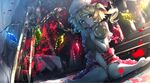  :o between_legs blonde_hair flandre_scarlet gears hand_between_legs hat highres looking_at_viewer machinery md5_mismatch red_eyes ryosios short_hair side_ponytail sitting solo stairs stuffed_toy touhou wariza wings 
