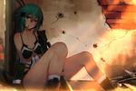  blue_eyes blue_hair breasts bullet bullet_hole cleavage gun hair_ornament hairclip highres jacket jacket_removed mouth_hold off_shoulder pgm_hecate_ii rifle short_hair short_shorts shorts sinon sitting small_breasts sniper_rifle sola7764 sword_art_online thighs weapon 
