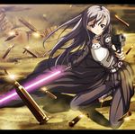  bad_id bad_pixiv_id black_eyes black_hair breastplate cartridge energy_sword gun handgun highres kirito kirito_(sao-ggo) long_hair otoko_no_ko pistol purlchite sword sword_art_online weapon 