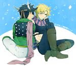  black_hair blonde_hair boots caesar_anthonio_zeppeli caesar_anthonio_zeppeli_(cosplay) cosplay costume_switch crop_top green_jacket jacket jojo_no_kimyou_na_bouken joseph_joestar_(young) joseph_joestar_(young)_(cosplay) midriff multiple_boys scarf tano_(motitom) 