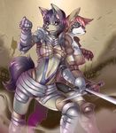  black_fur blue_eyes blue_hair breasts brown_fur buried_frog canine clothed clothing dagger dog female fox fur hair looking_at_viewer mammal melee_weapon red_eyes red_hair skimpy sword unconvincing_armor weapon white_fur 