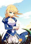  ahoge aqua_eyes artoria_pendragon_(all) blonde_hair day dress fate/stay_night fate_(series) flower green_eyes hair_down juliet_sleeves long_hair long_sleeves puffy_sleeves saber solo vmax-ver 