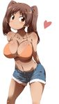  arms_behind_back bikini_top blush breasts brown_eyes brown_hair cleavage cutoffs dark_skin denim denim_shorts heart large_breasts long_hair looking_away mochizuki_tomomi navel no_shirt shinryaku!_ikamusume shiny shiny_skin shorts smile solo strap_gap tokyo_(great_akuta) twintails 