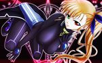  :p blonde_hair bodysuit breasts green_eyes hair_ribbon heterochromia highres large_breasts long_hair lyrical_nanoha magic_circle mahou_shoujo_lyrical_nanoha_strikers older red_eyes ribbon side_ponytail solo tappa_(esperanza) tongue tongue_out vivio 