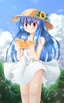  alternate_costume blue_hair cloud contemporary day dress eating flower food fruit hat highres hinanawi_tenshi long_hair looking_at_viewer maru_daizu_(aqua6233) melon panties red_eyes solo sunflower touhou underwear white_dress white_panties 