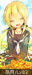  blonde_hair blush cis_(carcharias) closed_eyes crescent flower garden kantai_collection long_hair long_sleeves low_twintails satsuki_(kantai_collection) school_uniform serafuku smile solo translated twintails 