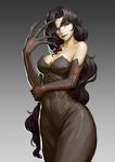  bad_id bad_pixiv_id bare_shoulders black_dress black_hair breasts collarbone dress elbow_gloves fullmetal_alchemist gloves large_breasts lips long_hair looking_at_viewer lust red_eyes solo thick_thighs thighs very_long_hair wide_hips yinanhuanle 