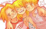  2boys ahoge alphonse_elric arm_around_neck bad_id bad_pixiv_id blonde_hair brothers casual child closed_eyes dutch_angle edward_elric fullmetal_alchemist hand_on_another's_shoulder multiple_boys short_hair siblings smile winry_rockbell yellow_eyes younger 