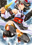  :o armpits bird_wings black_hair blush boots detached_sleeves feathers hat high_collar highres kawachi_koorogi kourindou_tengu_costume looking_at_viewer obi open_mouth pointy_ears pom_pom_(clothes) red_eyes sash shameimaru_aya short_hair solo sword thigh_boots thighhighs tokin_hat touhou weapon wings 