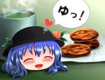  blue_hair cup food fruit green_tea hat heart hinanawi_tenshi long_hair maru_daizu_(aqua6233) open_mouth peach senbei smile solo tea touhou yukkuri_shiteitte_ne yunomi 