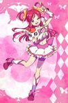  coco_(yes!_precure_5) cure_dream earrings elbow_gloves frilled_skirt frills full_body gloves hair_rings jewelry long_hair magical_girl miniskirt one_eye_closed open_mouth penki pink_background pink_hair pink_shorts precure purple_eyes shorts skirt smile solo standing standing_on_one_leg yes!_precure_5 yumehara_nozomi 